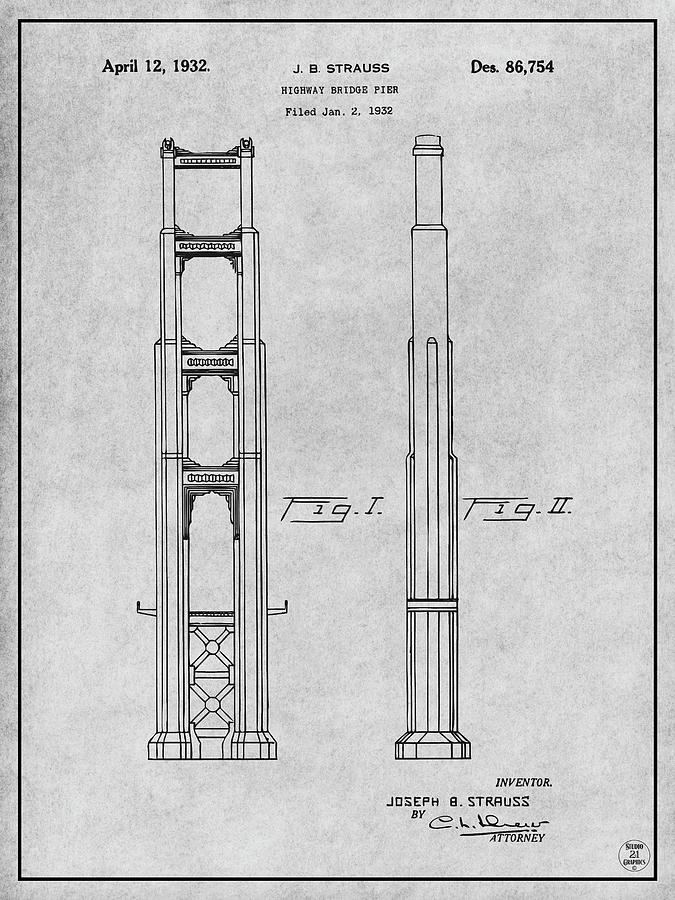 1932 San Francisco Golden Gate Bridge Gray Patent Print Drawing by Greg Edwards