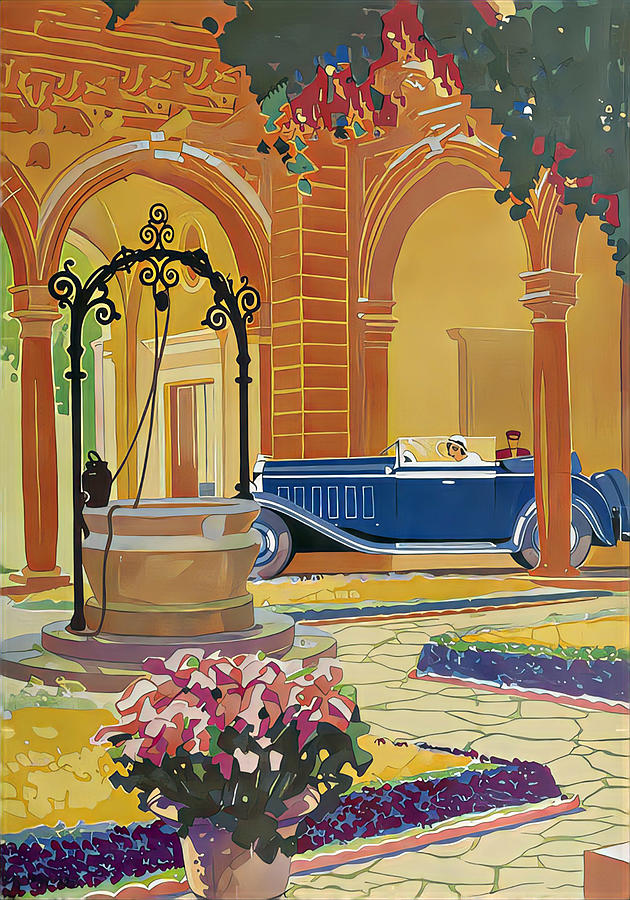 1932 Touring Car With Woman Driver In Elegant Courtyard Original French Art Deco Illustration Mixed Media by Retrographs