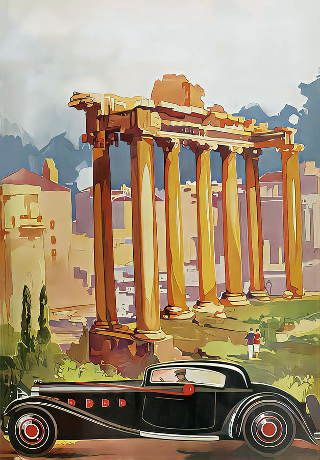 1933 Hispano Suiza Coupe With Driver Among Greek Ruins Original French Art Deco Illustration Mixed Media by Retrographs
