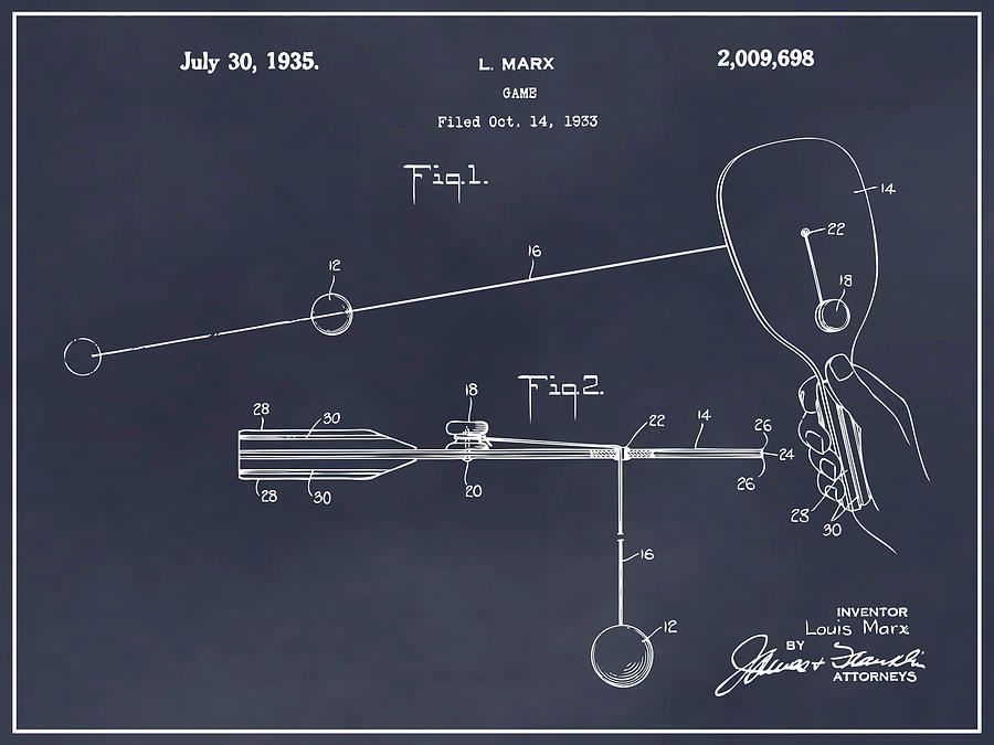 1933 Marx Paddle Ball Game Patent Print Blackboard  Drawing by Greg Edwards