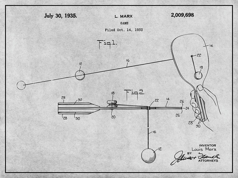 1933 Marx Paddle Ball Game Patent Print Gray Drawing by Greg Edwards