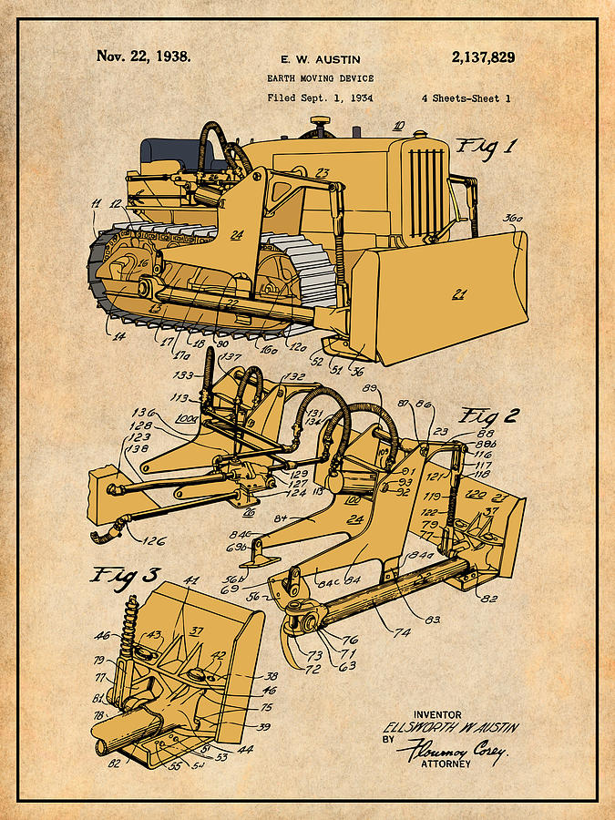 1934 Austin Earth Moving Bulldozer Colorized Patent Print Antique Paper Drawing by Greg Edwards