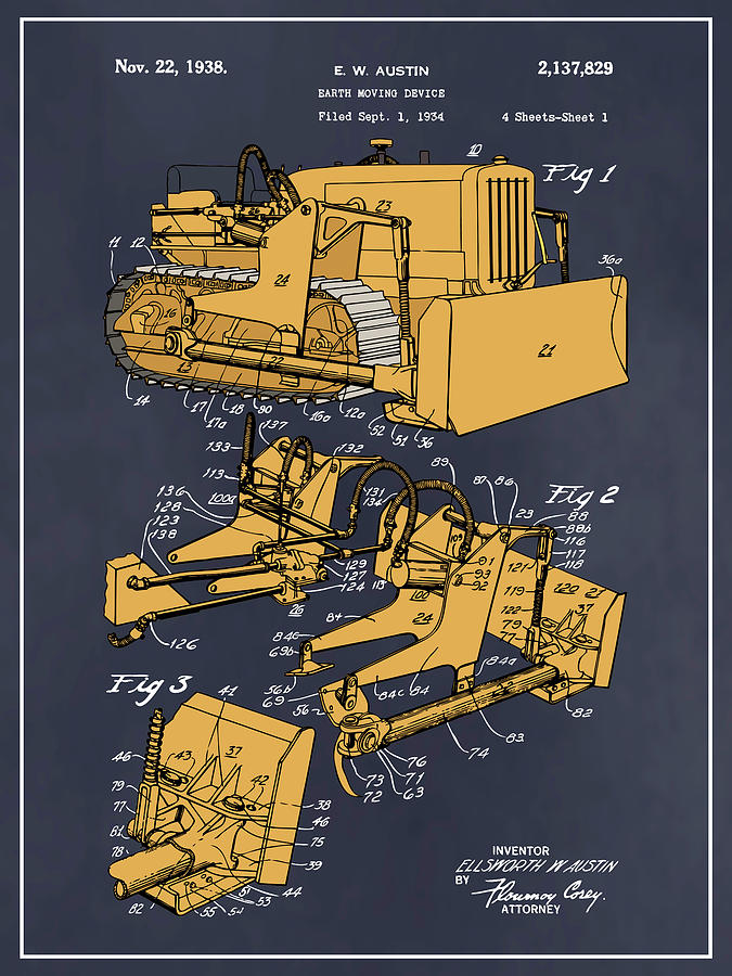 1934 Austin Earth Moving Bulldozer Colorized Patent Print Blackboard