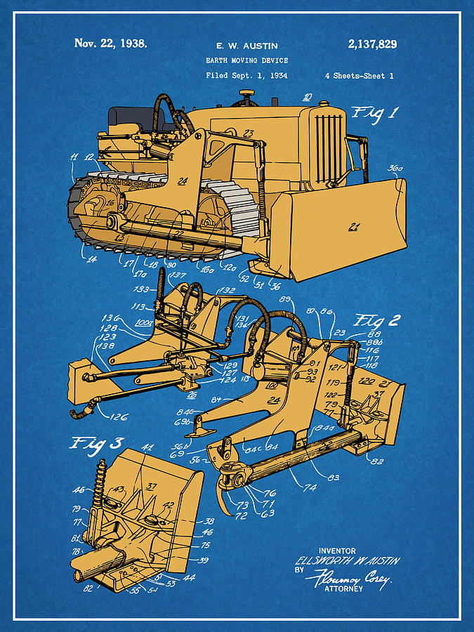1934 Austin Earth Moving Bulldozer Colorized Patent Print Blueprint Drawing by Greg Edwards