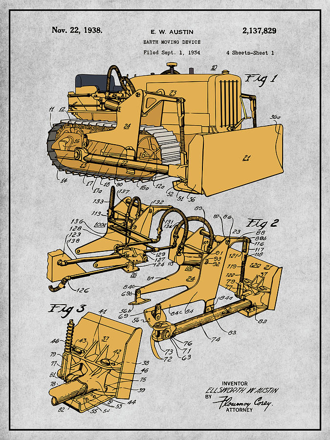 1934 Austin Earth Moving Bulldozer Colorized Patent Print Gray Drawing by Greg Edwards