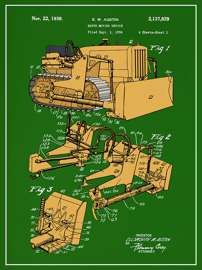 1934 Austin Earth Moving Bulldozer Colorized Patent Print Green Drawing by Greg Edwards