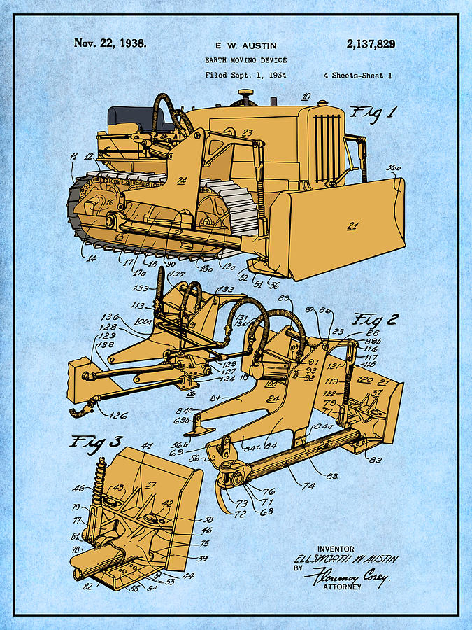 1934 Austin Earth Moving Bulldozer Colorized Patent Print Light Blue Drawing by Greg Edwards