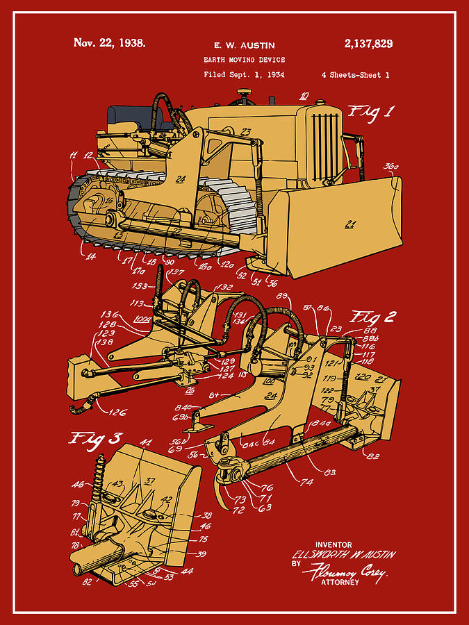1934 Austin Earth Moving Bulldozer Colorized Patent Print Red  Drawing by Greg Edwards