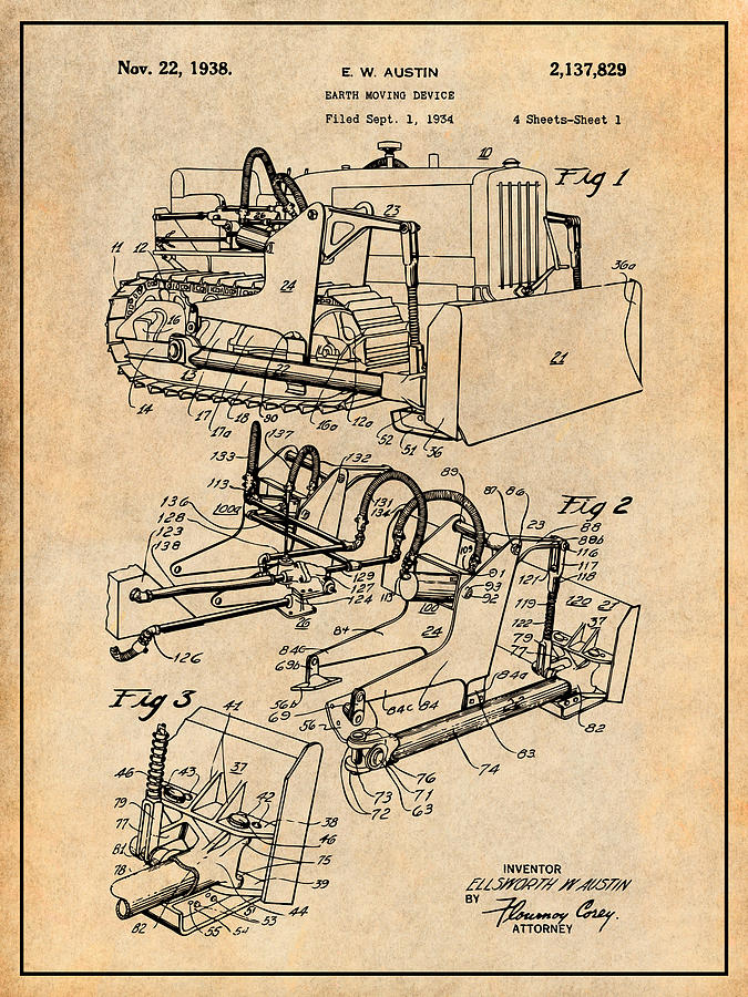 1934 Austin Earth Moving Bulldozer Patent Print Antique Paper Drawing by Greg Edwards