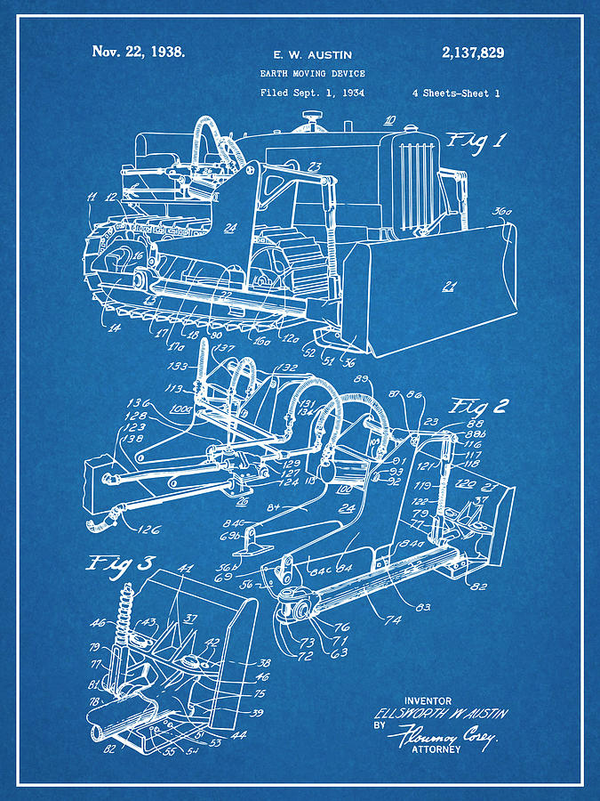 1934 Austin Earth Moving Bulldozer Patent Print Blueprint  Drawing by Greg Edwards