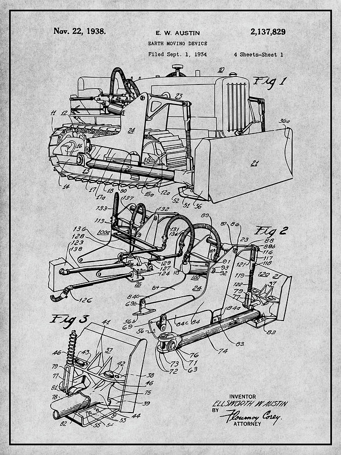 1934 Austin Earth Moving Bulldozer Patent Print Gray Drawing by Greg Edwards