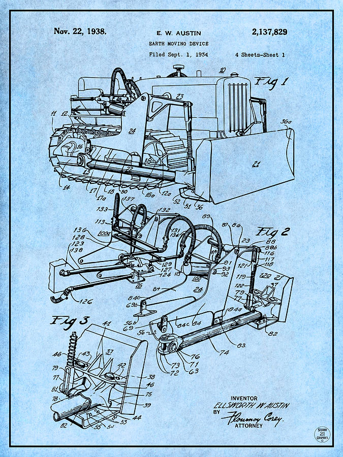 1934 Austin Earth Moving Bulldozer Patent Print Light Blue Drawing by Greg Edwards