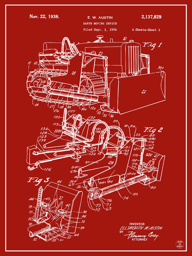 1934 Austin Earth Moving Bulldozer Patent Print Red Drawing by Greg Edwards