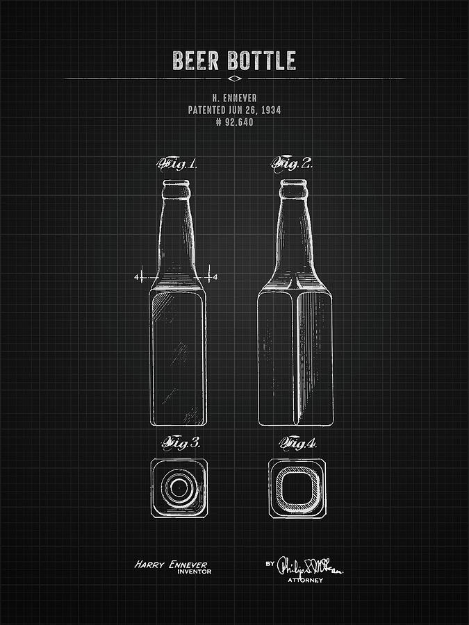 1934 Beer Bottle - Black Blueprint Digital Art