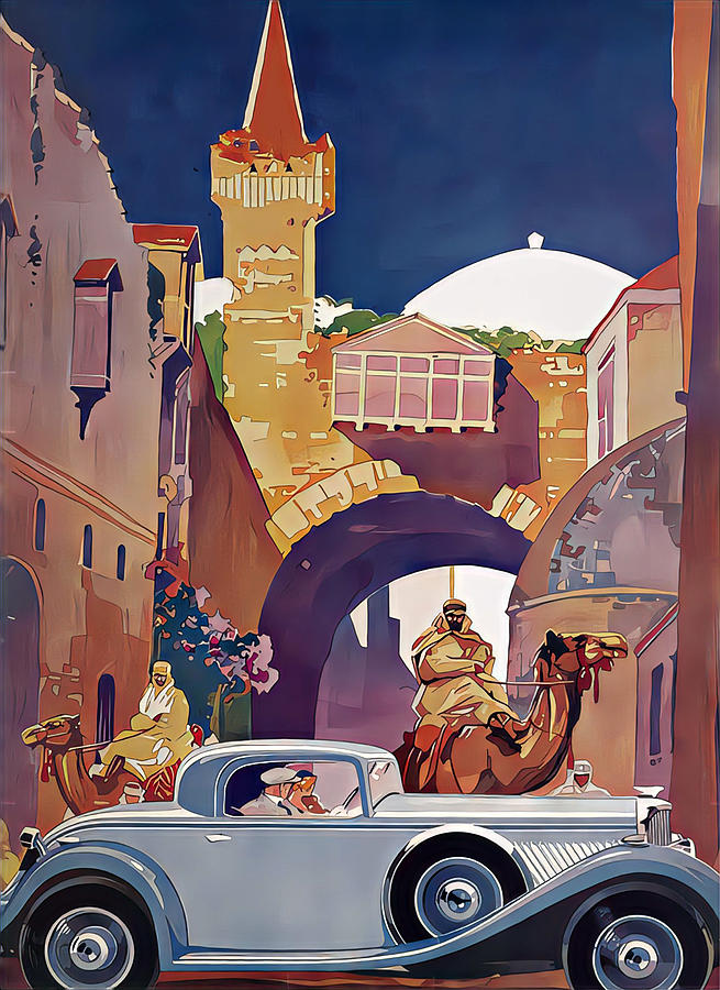 1934 Bentley Coupe With Couple In Middle East Town Setting Original French Art Deco Illustration Mixed Media by Retrographs