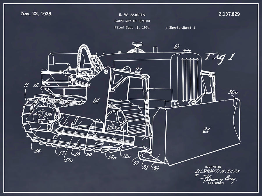 1934 Earth Moving Bulldozer Blackboard Patent Print Drawing By Greg Edwards