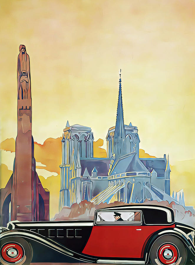 1934 European Coupe With Church Background Original French Art Deco Illustration Mixed Media by Retrographs