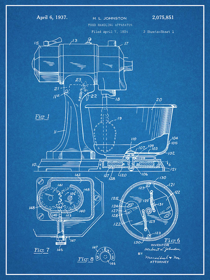 1934 Kitchen Mixer Patent Print Blueprint Drawing by Greg Edwards
