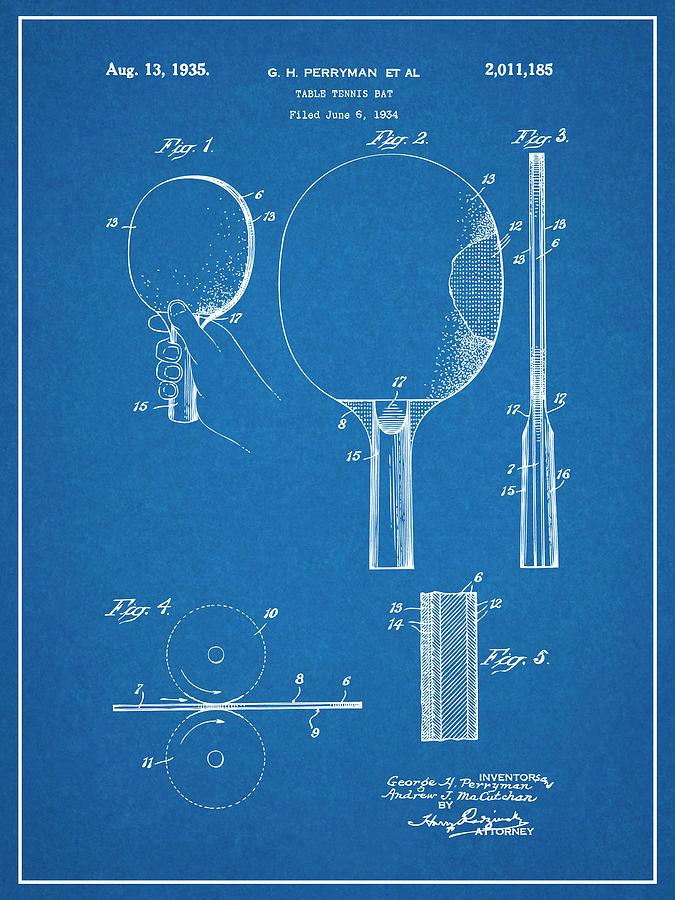 1934 Ping Pong Paddle Blueprint Patent Print Drawing by Greg Edwards