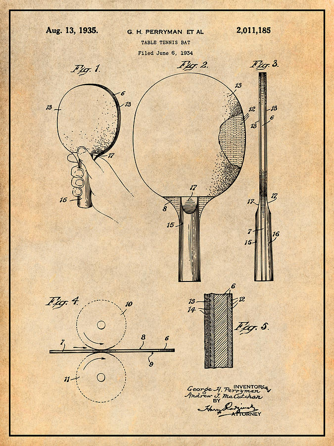 1934 Ping Pong Paddle, Table Tennis Paddle Patent Antique Paper Drawing by Greg Edwards