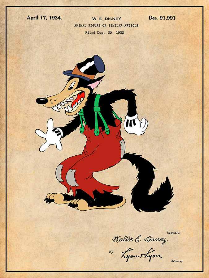 1934 Walt Disney Big Bad Wolf Antique Paper Colorized Patent Print  Drawing by Greg Edwards