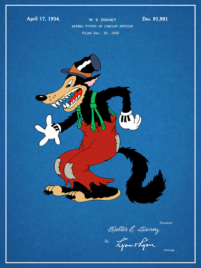 1934 Walt Disney Big Bad Wolf Blueprint Colorized Patent Print Drawing by Greg Edwards