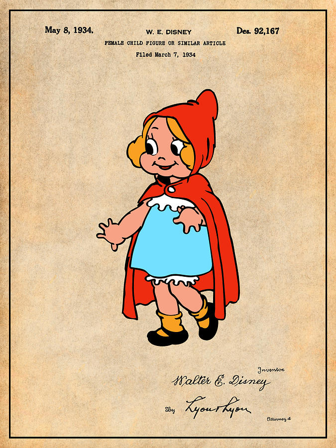1934 Walt Disney Little Riding Hood Antique Paper Colorized Patent Print Drawing by Greg - Art America
