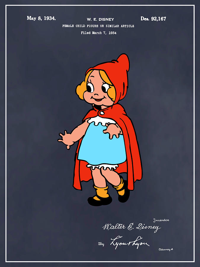 1934 Walt Disney Little Red Riding Hood Blackboard Colorized Patent Print Drawing by Greg Edwards