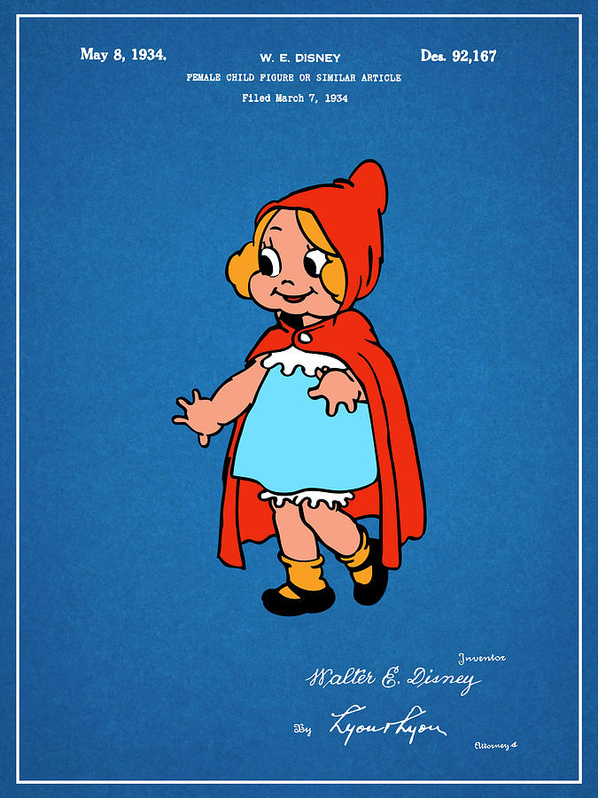 1934 Walt Disney Little Red Riding Hood Blueprint Colorized Patent Print Drawing by Greg Edwards