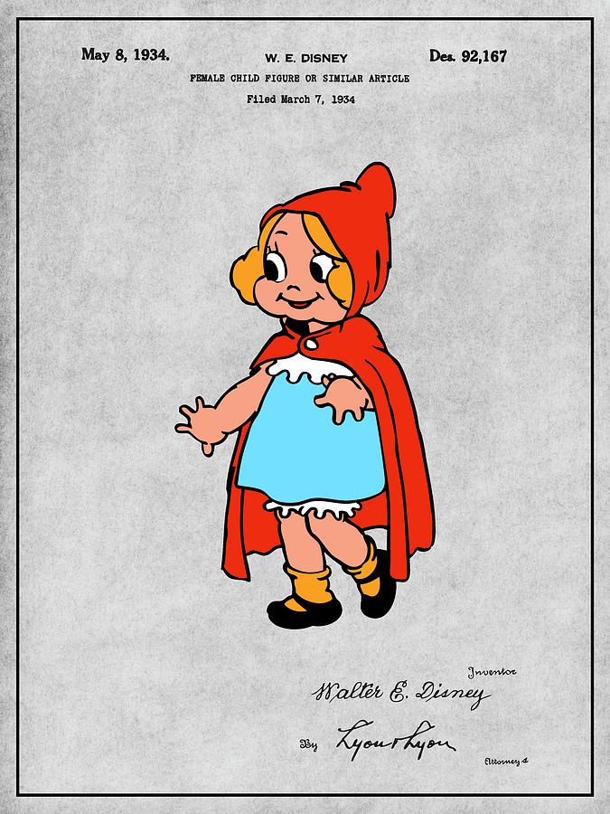 1934 Walt Disney Little Red Riding Hood Gray Colorized Patent Print Drawing by Greg Edwards