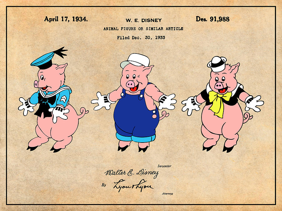 1934 Walt Disney Three Little Pigs Colorized Antique Paper Patent Print Drawing by Greg Edwards