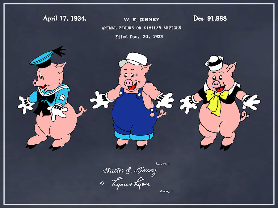 1934 Walt Disney Three Little Pigs Colorized Blackboard Patent Print Drawing by Greg Edwards