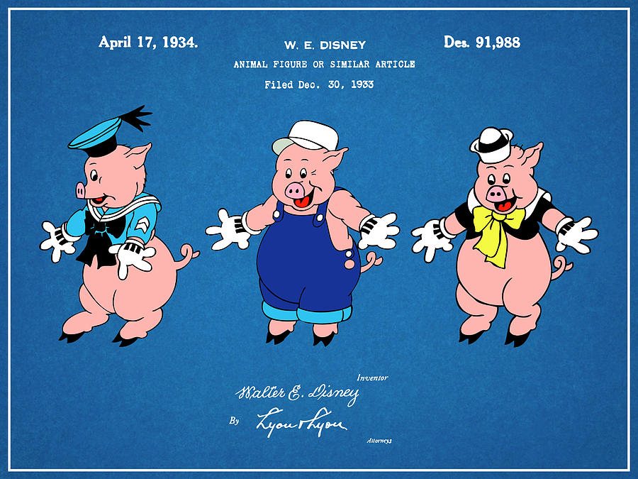 1934 Walt Disney Three Little Pigs Colorized Blueprint Patent Print Drawing by Greg Edwards