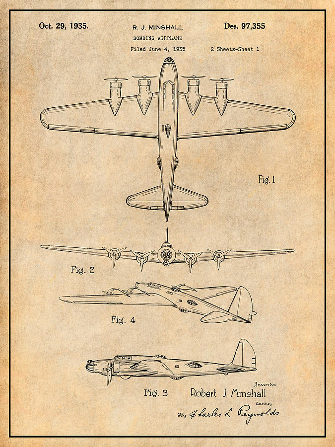 1935 B17 Flying Fortress Antique Paper Patent Print Drawing by Greg Edwards