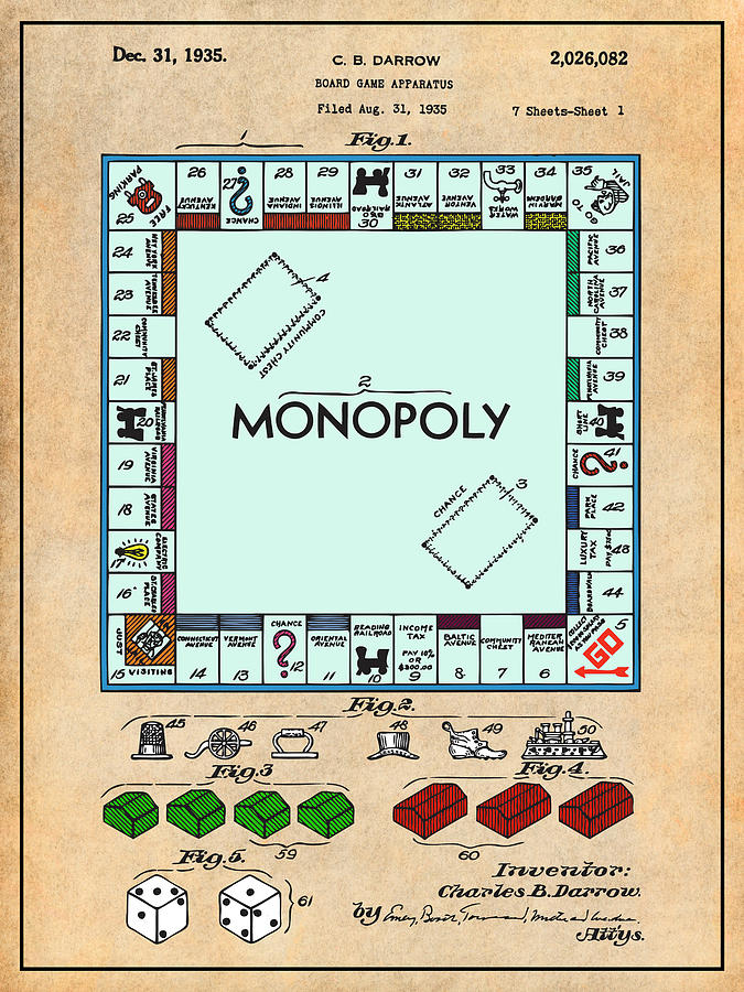 1935 Colorized Monopoly Game Antique Paper Patent Print Drawing by Greg Edwards
