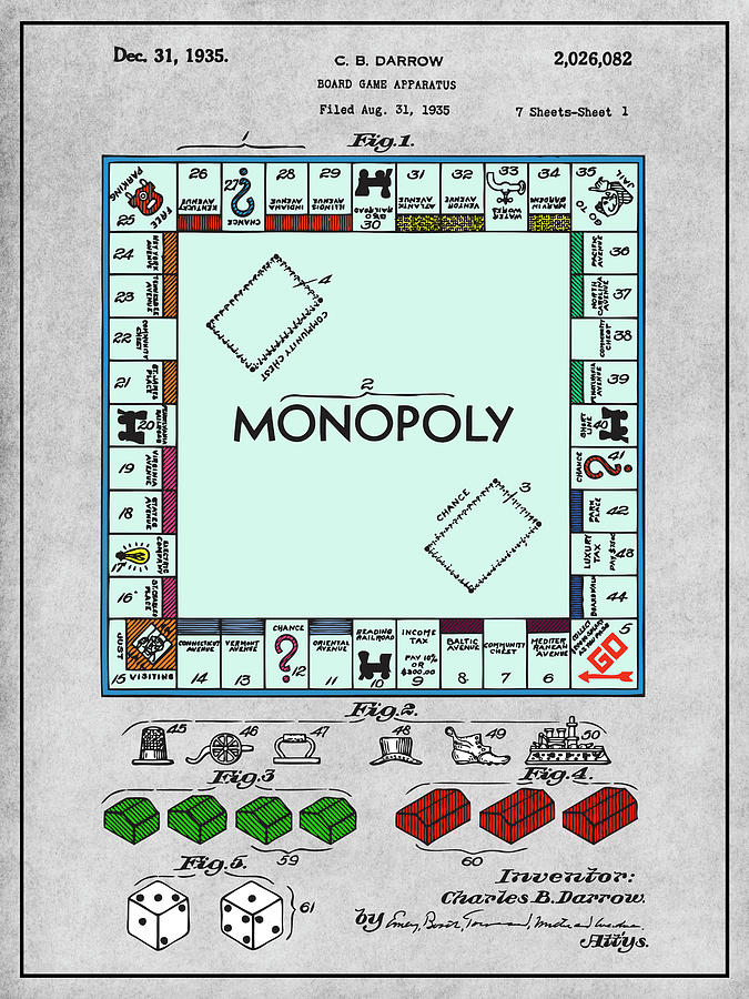 1935 Colorized Monopoly Game Gray Patent Print Drawing by Greg Edwards