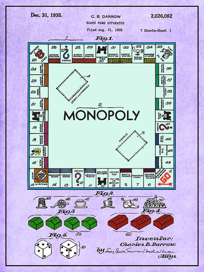 1935 Colorized Monopoly Game Lavender Patent Print Drawing by Greg Edwards