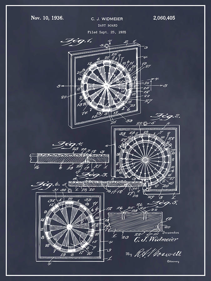 1935 Widmeier Dart Board Patent Print Blackboard Drawing by Greg Edwards