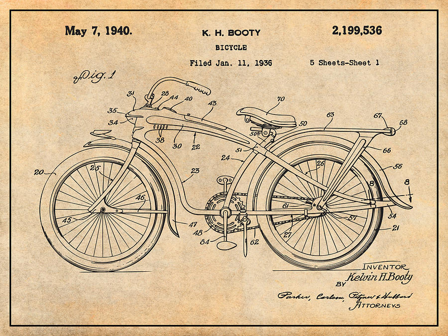 1936 Elgin Bluebird Bicycle Antique Paper Patent Print Drawing by Greg Edwards