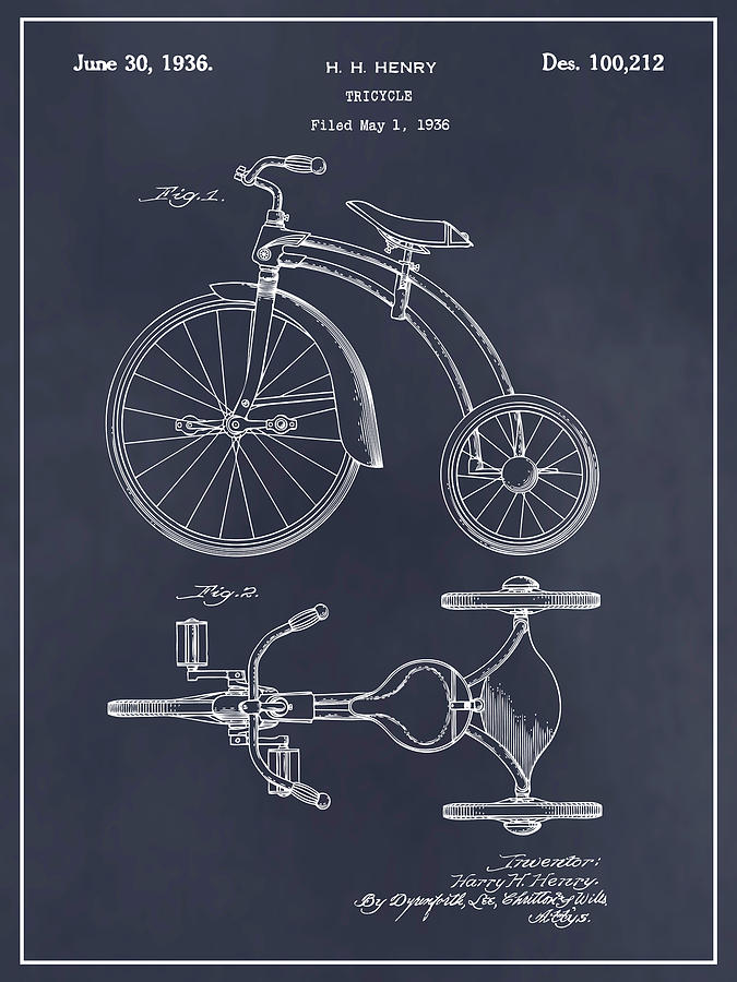 1936 Tricycle Blackboard Patent Print Drawing by Greg Edwards