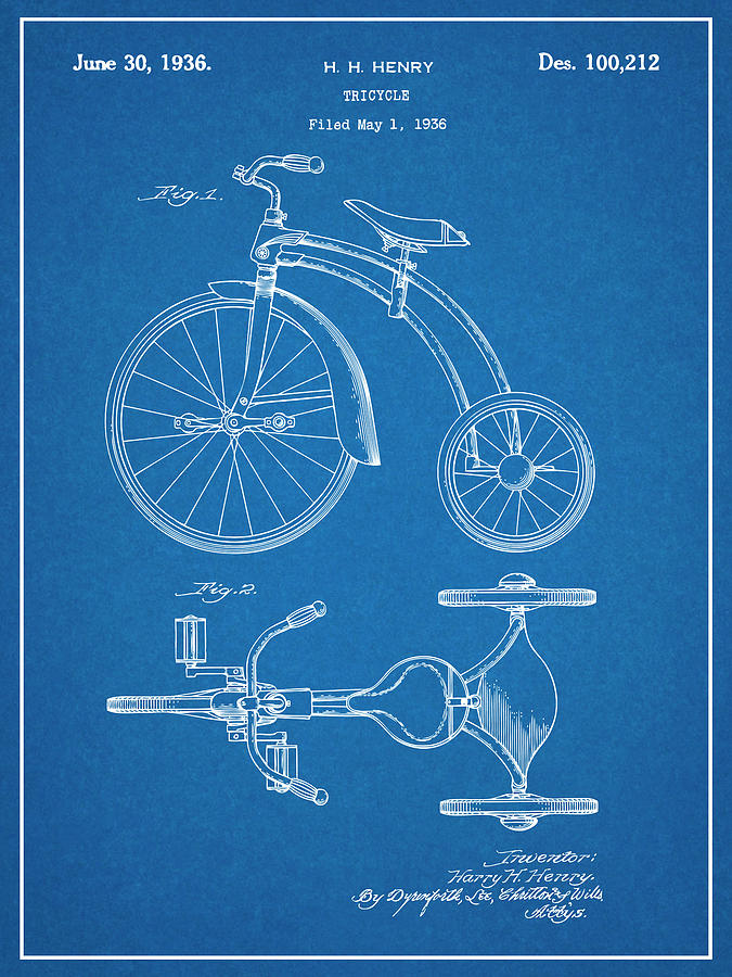 1936 Tricycle Blueprint Patent Print Drawing by Greg Edwards