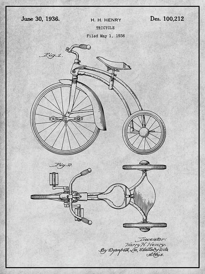 1936 Tricycle Gray Patent Print Drawing by Greg Edwards