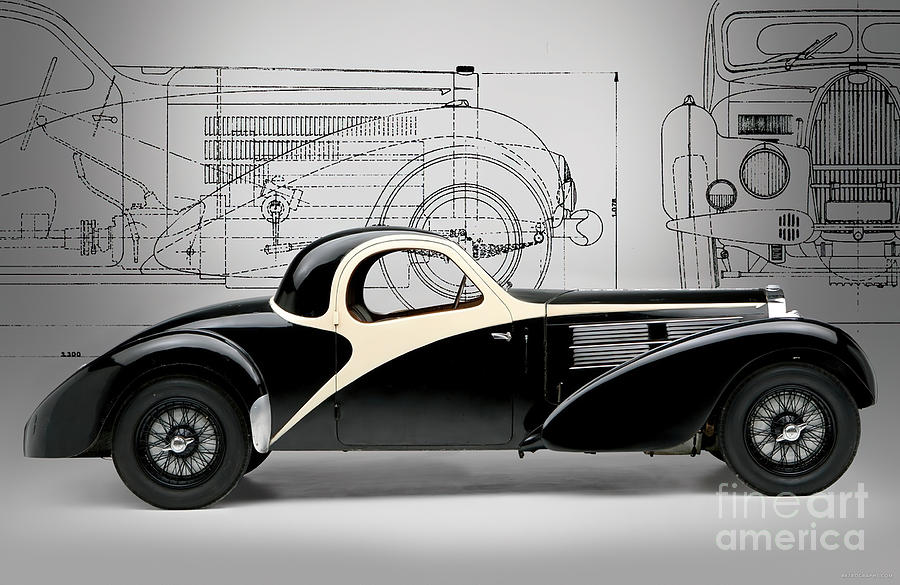 1937 Bugatti T57c Atalante With Blueprint Drawings Mixed Media by Retrographs