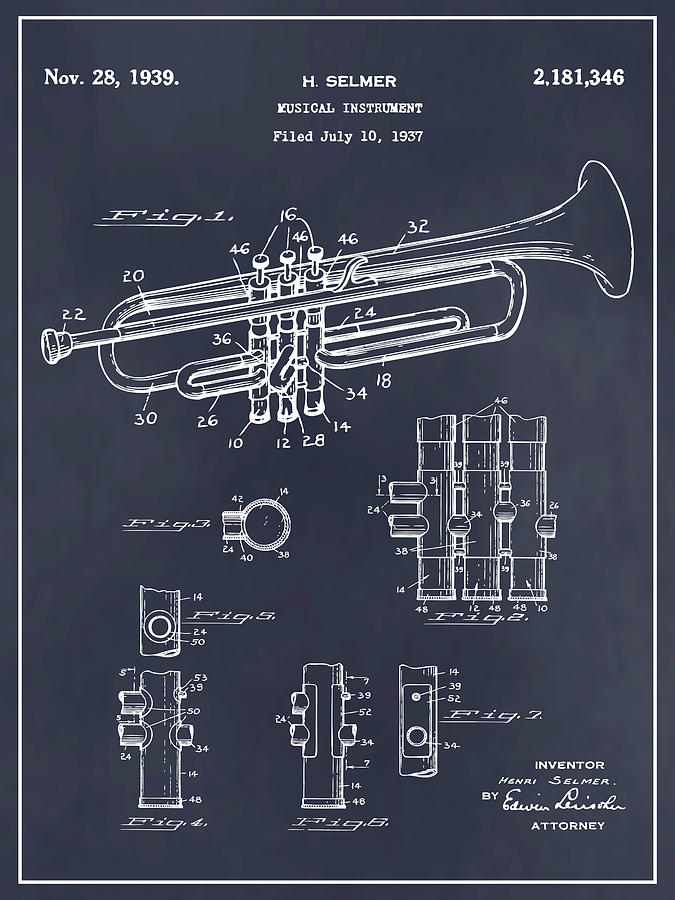 1937 Trumpet Blackboard Patent Print Drawing by Greg Edwards