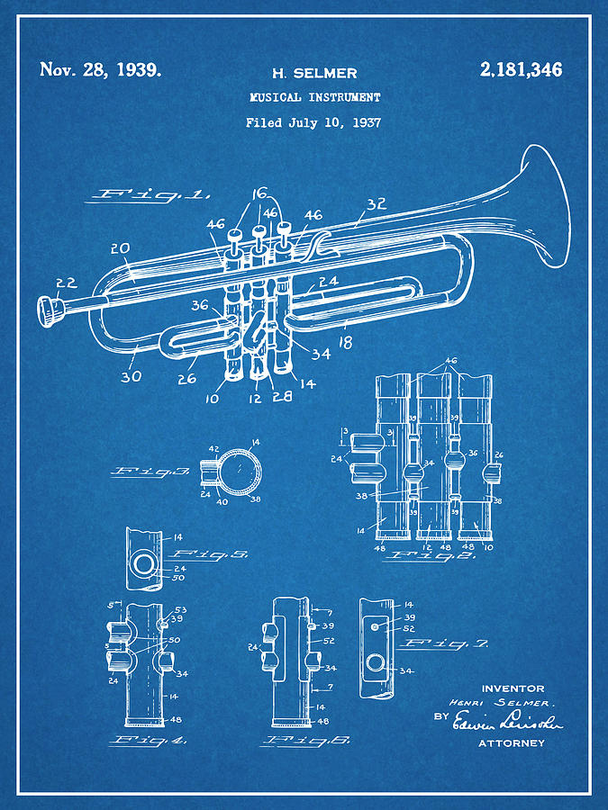 1937 Trumpet Blueprint Patent Print Drawing by Greg Edwards
