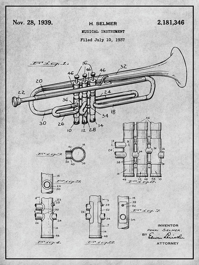 1937 Trumpet Gray Patent Print Drawing by Greg Edwards