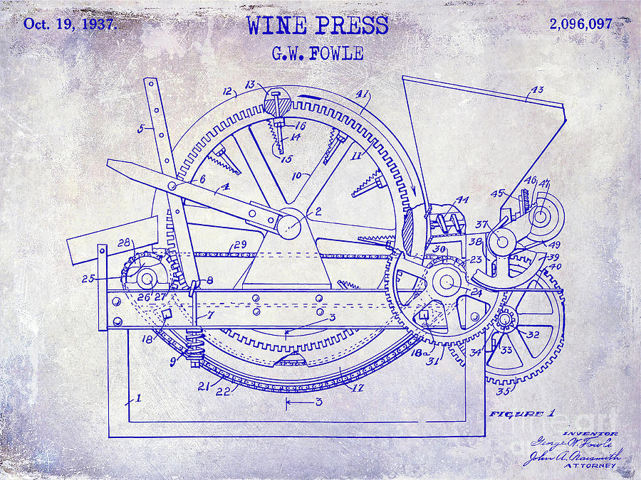 1937 Wine Press Patent Blueprint Photograph by Jon Neidert
