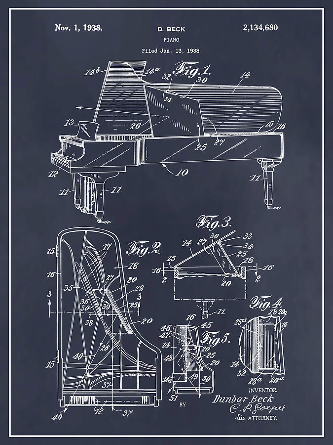 1938 Beck Steinway Grand Piano Patent Print Blackboard Drawing by Greg Edwards