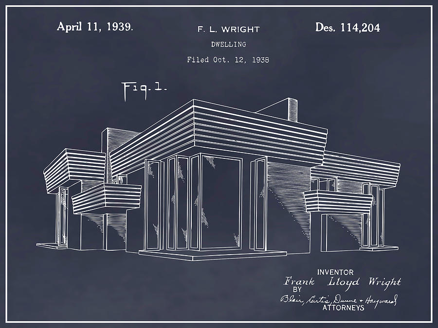 1938 Frank Lloyd Wright House Dwelling Blackboard Patent Print Drawing by Greg Edwards