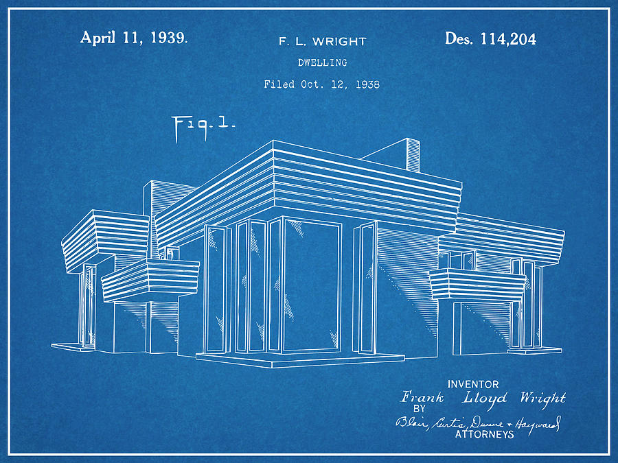 1938 Frank Lloyd Wright House Dwelling Blueprint Patent Print Drawing by Greg Edwards